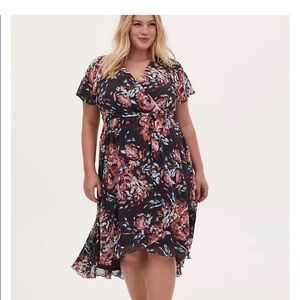 torrid Black Floral Wrap Hi-Low Dress with Rose Accents